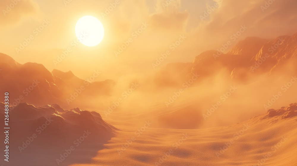 Fototapeta premium desert dunes bathed in sunlight, otherworldly sunset scene, pristine sandy landscape, dramatic evening atmosphere, golden desert vista, peaceful wilderness setting, luminous sky, ethereal sand