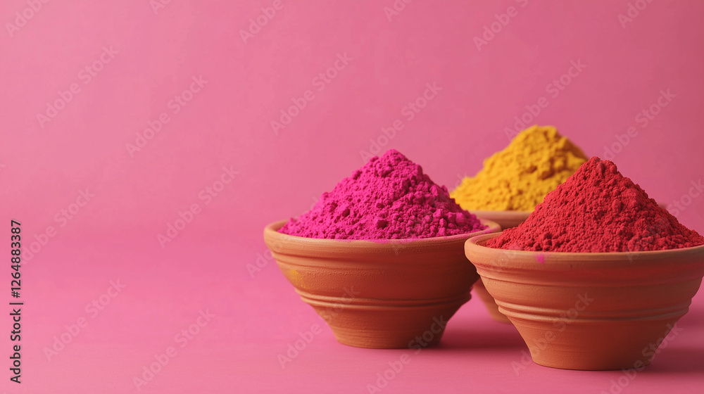 Holi festival. Three small clay bowls with heaps of bright vibrant pigments, paint. Plain pink background. Copyspace for your text. Indian traditional festival of colors, holiday. Holi festival. Three small clay bowls with heaps of bright vibrant pigments, paint. Plain pink background. Copyspace for your text. Indian traditional festival of colors, holiday.