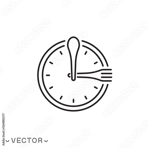 time eat icon, clock with spoon and knife, hour healthy food, break meal, thin line symbol concept isolated on white background, editable stroke eps 10 vector illustration
