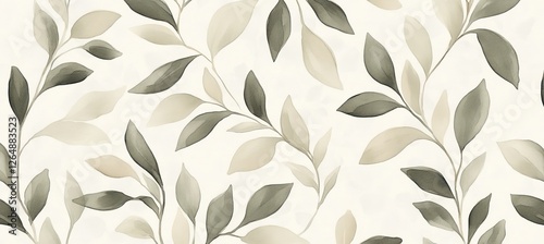 Seamless Pattern, Watercolor Leaves, Light Green and Cream Background, Intricate Details, Pastel