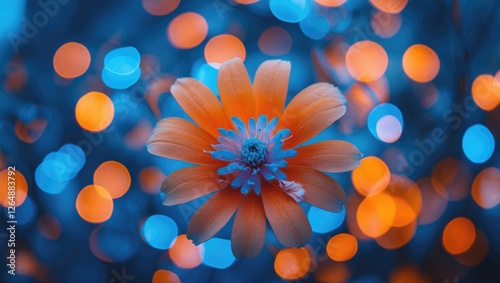Orange flower with blue bokeh background capturing vibrant colors and soft lighting, ideal for floral and nature themes, Copy Space