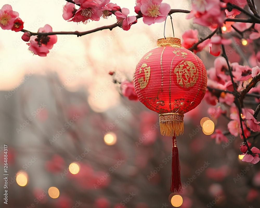 Obraz premium Lantern hanging on plum blossom branch, sunset, garden lights