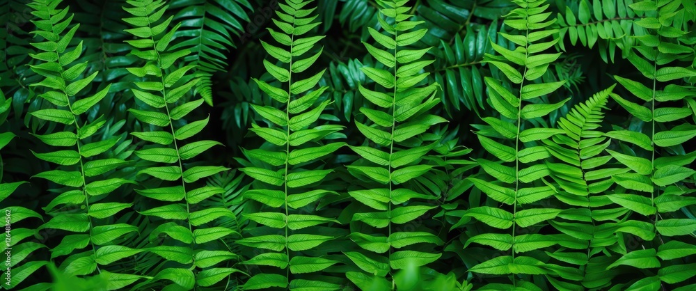 Fototapeta premium Green Fern Leaves Background with Varying Heights in Abundant Nature Setting Copy Space