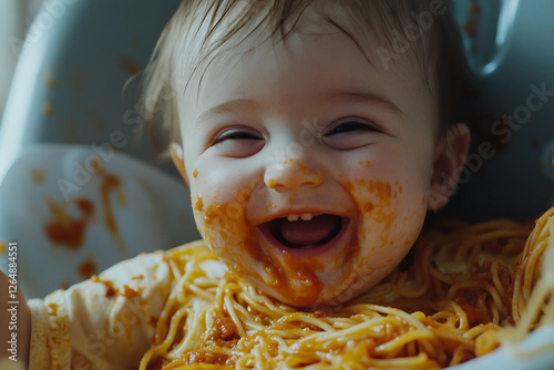 Generative AI image of a cute baby eating food in a highchair with a messy and funny expression photo