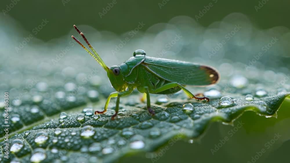 Green grasshopper perched on a dewy leaf showcasing nature's beauty at dawn in a tranquil environment