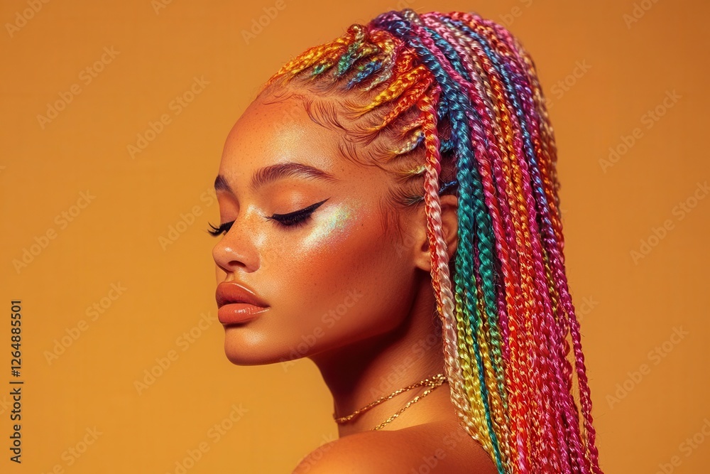 radiant portrait of woman with rainbow-colored box braids cascading against warm honey backdrop, soft beauty lighting, fashion editorial style