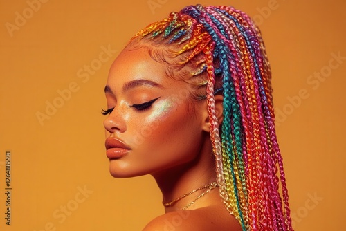 Obraz na płótnie radiant portrait of woman with rainbow-colored box braids cascading against warm honey backdrop, soft beauty lighting, fashion editorial style w salonie