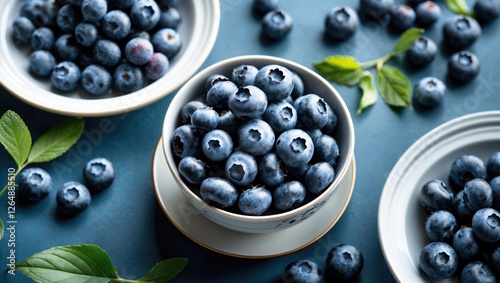 Fresh blueberries in a decorative bowl surrounded by scattered berries and green leaves on a blue background Copy Space photo