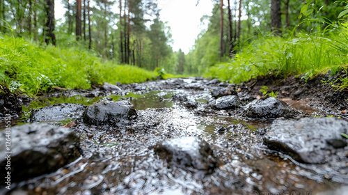 Wallpaper Mural Forest path after rain, puddles, stones, greenery Torontodigital.ca
