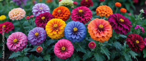 Colorful blooming flowers in garden with variety of vibrant petals and green foliage, nature background with copy space.