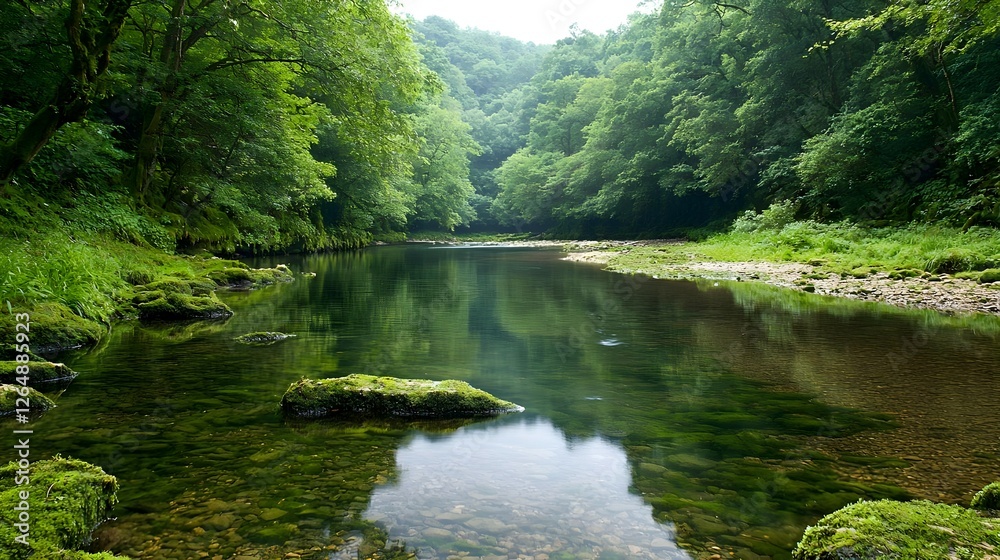 Serene River Landscape with Lush Green Banks and Clear Water Serene River Landscape with Lush Green Banks and Clear Water