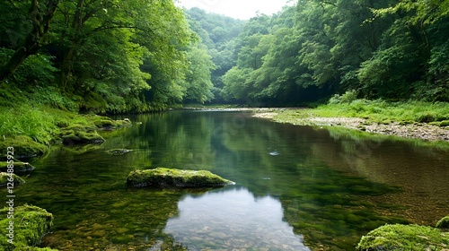 Serene River Landscape with Lush Green Banks and Clear Water