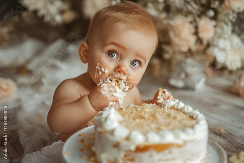 Generative AI image of a cute baby eating food in a highchair with a messy and funny expression photo