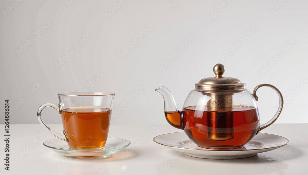 Tea pot and glass cup of tea on white background Tea pot and glass cup of tea on white background