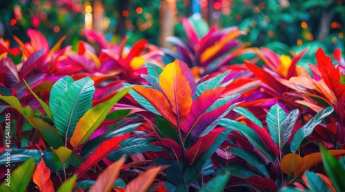 Colorful tropical foliage with vibrant leaves in shades of red, orange, and green, creating a lush natural background with Copy Space. photo