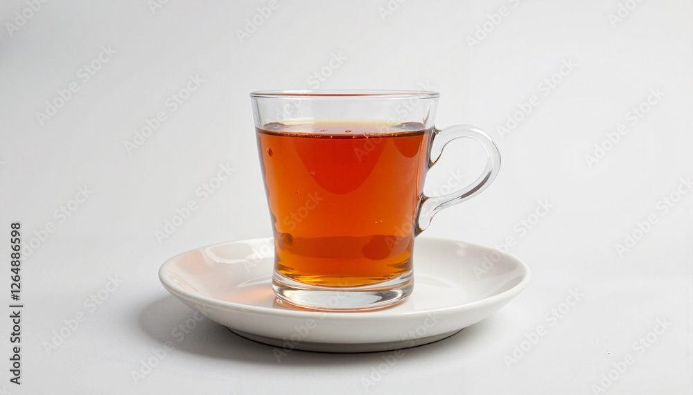 Glass cup of tea on white plate Glass cup of tea on white plate