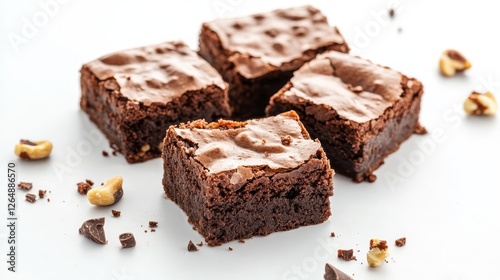 A stack of chocolate brownies on white background, homemade bakery and dessert. Bakery, confectionery concept