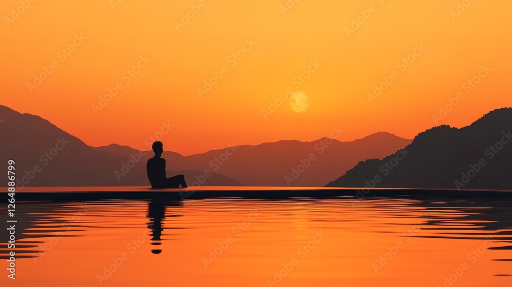 Swimming pool at sunset scene, lone figure silhouette, dramatic orange sky gradient, mountain silhouette backdrop, rippling water reflections, serene evening atmosphere, minimalist aesthetic Swimming pool at sunset scene, lone figure silhouette, dramatic orange sky gradient, mountain silhouette backdrop, rippling water reflections, serene evening atmosphere, minimalist aesthetic