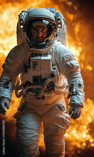 Astronaut walking through flames in a dramatic space exploration moment during a mission on a distant planet