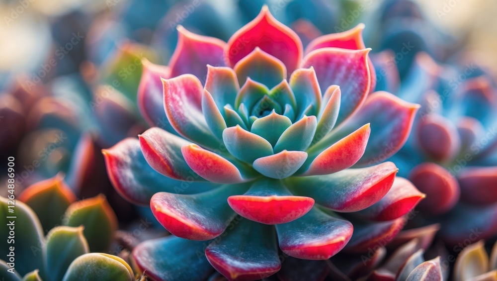 Colorful succulent plant with vibrant pink and turquoise leaves in natural light with blurred background and Copy Space. Colorful succulent plant with vibrant pink and turquoise leaves in natural light with blurred background and Copy Space.