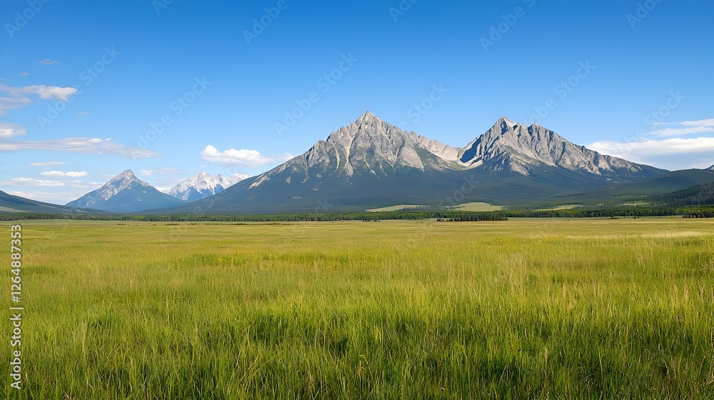 Fototapeta premium Expansive Green Meadow with Majestic Mountain Range Under a Bright Blue Sky