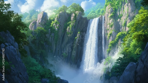 A majestic waterfall cascading down a rocky cliff, surrounded by lush greenery and mist rising from the base.