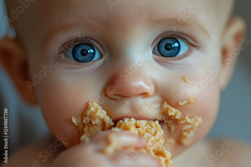 Generative AI image of a cute baby eating food in a highchair with a messy and funny expression photo