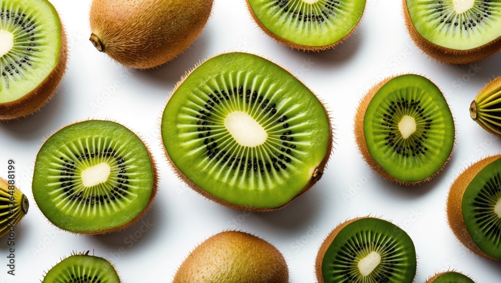 Fototapeta premium Fresh kiwi fruits arranged on a white background with some cut in half to reveal bright green flesh and black seeds Copy Space