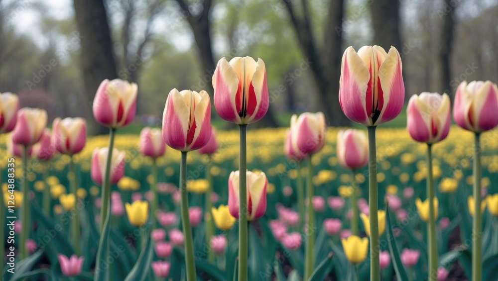 Field of tulips with pink and yellow blooms in a vibrant garden setting with blurred background and ample Copy Space Field of tulips with pink and yellow blooms in a vibrant garden setting with blurred background and ample Copy Space