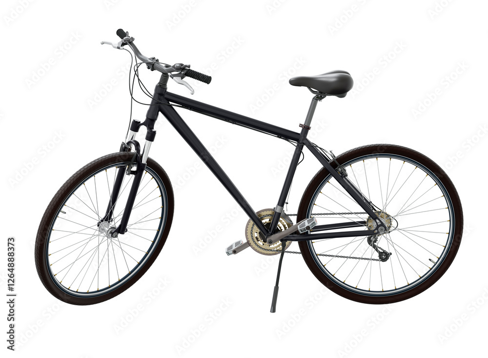 Obraz premium Black bicycle standing while leaning on kickstand, side view. Bike resting on kick stand. Png clipart isolated on transparent background