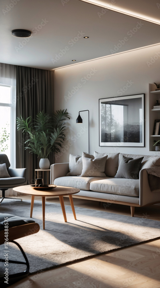Fototapeta premium Elegant minimalist Scandinavian living room featuring neutral gray couch and bright design perfect for creating a welcoming space Modern Interior Design Inspiration