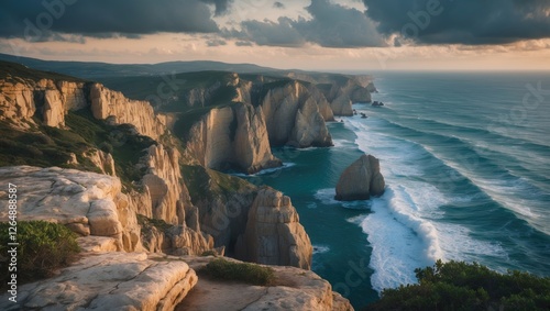 Coastal cliffs with rugged rock formations overlooking waves and ocean against a dramatic cloudy sky during sunset Copy Space