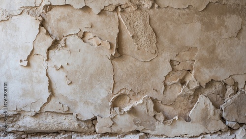 Textured surface of an old cracked wall with peeling paint in natural beige tones for background use. Copy Space photo