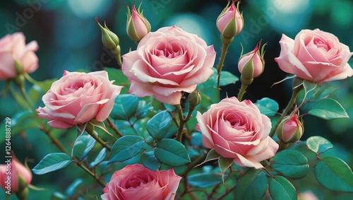 Pink roses with buds surrounded by green foliage in a vibrant garden setting. Copy Space available.