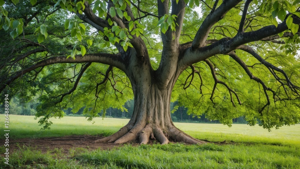 Large mature tree with wide canopy and extensive root system in grassy field during daylight with natural light Copy Space Large mature tree with wide canopy and extensive root system in grassy field during daylight with natural light Copy Space