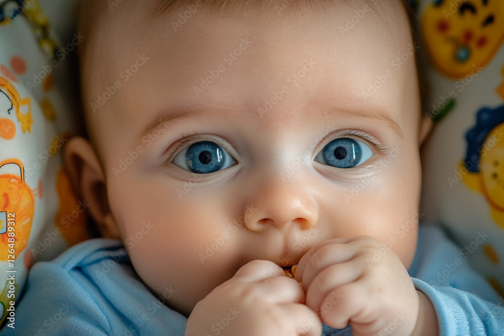 Generative AI image of a cute baby eating food in a highchair with a messy and funny expression Generative AI image of a cute baby eating food in a highchair with a messy and funny expression