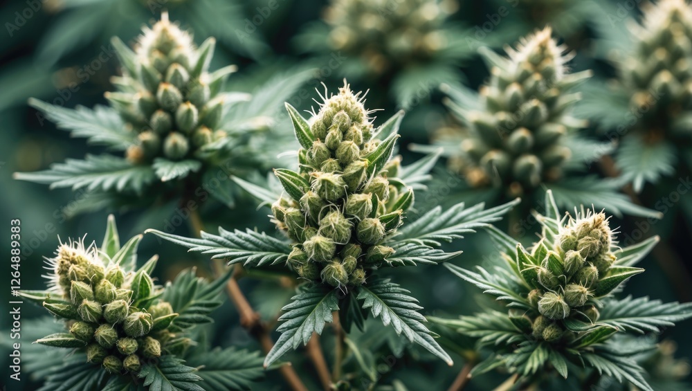 Close-up of cannabis plant buds with lush green leaves in a natural outdoor setting Copy Space Close-up of cannabis plant buds with lush green leaves in a natural outdoor setting Copy Space