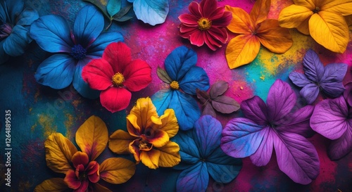 Colorful arrangement of various flowers on vibrant painted background with splashes of blue, pink, yellow, and purple Copy Space photo