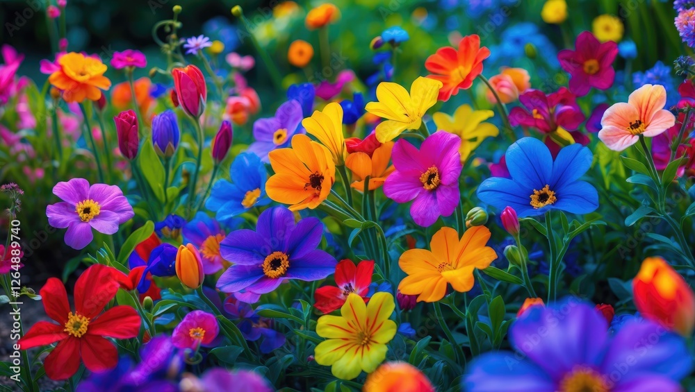 Colorful flower garden with various blooms in vibrant shades of pink, yellow, blue, and red with natural green foliage Copy Space Colorful flower garden with various blooms in vibrant shades of pink, yellow, blue, and red with natural green foliage Copy Space
