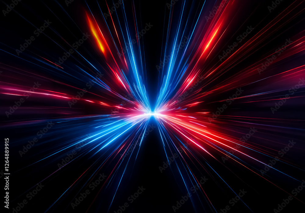 Abstract image features dynamic streaks of vibrant blue and red light. These light trails emanate from a central point on a dark background, creating an energetic and fast-paced visual. Abstract image features dynamic streaks of vibrant blue and red light. These light trails emanate from a central point on a dark background, creating an energetic and fast-paced visual.