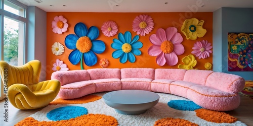 Playful and Eclectic Living Room with Bold Colors, Curved Pink Sofa, Whimsical Floral Murals, Unique Textures, Vibrant Accents, and a Cheerful, Artistic, and Imaginative Style.