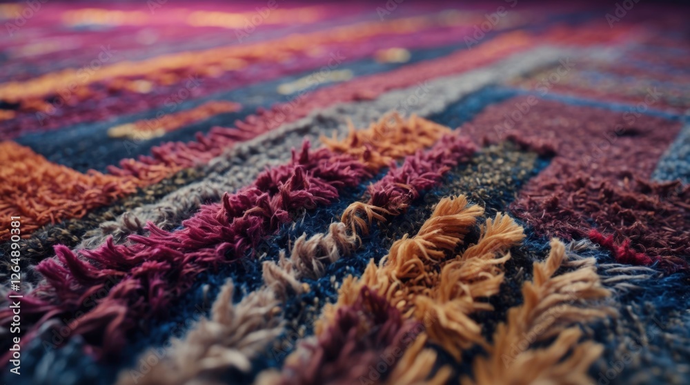 Fototapeta premium Textured multicolored area rug with fringe details on a hardwood floor in soft lighting providing a cozy atmosphere and inviting warmth