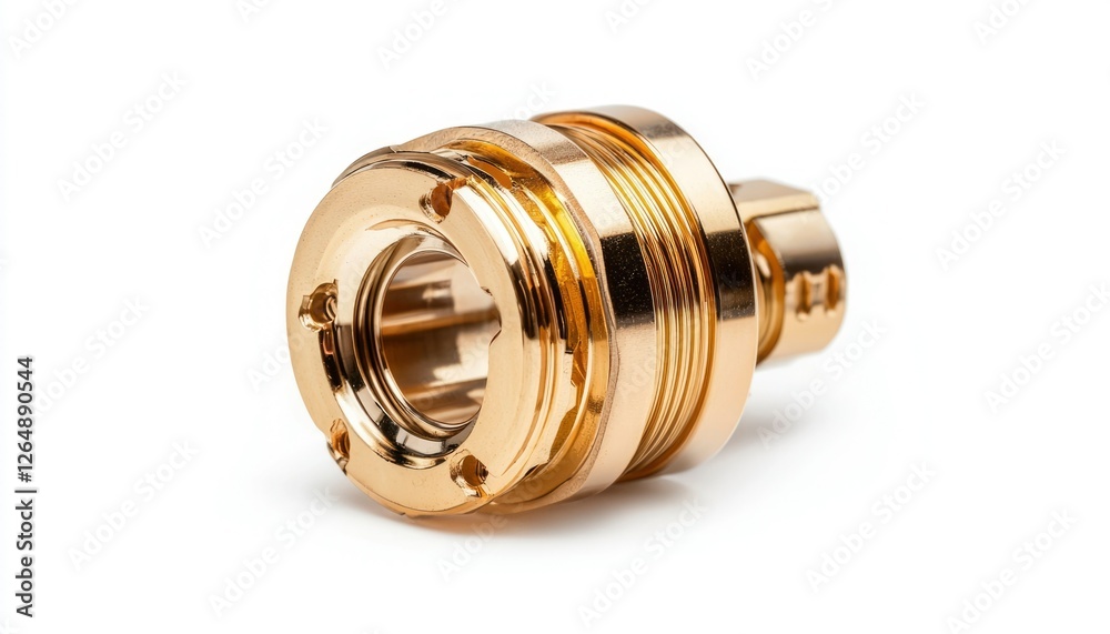 Golden metal component shows details of manufacturing, on white. Industrial use Golden metal component shows details of manufacturing, on white. Industrial use
