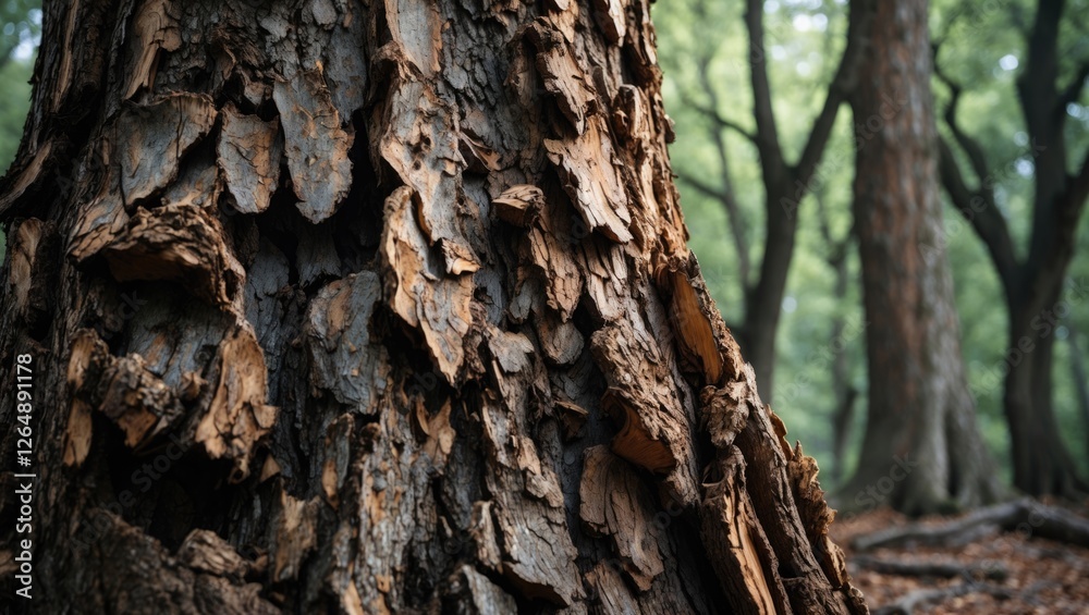 Detailed close-up of textured tree bark in a forest setting with blurred trees in the background and natural greenery providing Copy Space. Detailed close-up of textured tree bark in a forest setting with blurred trees in the background and natural greenery providing Copy Space.