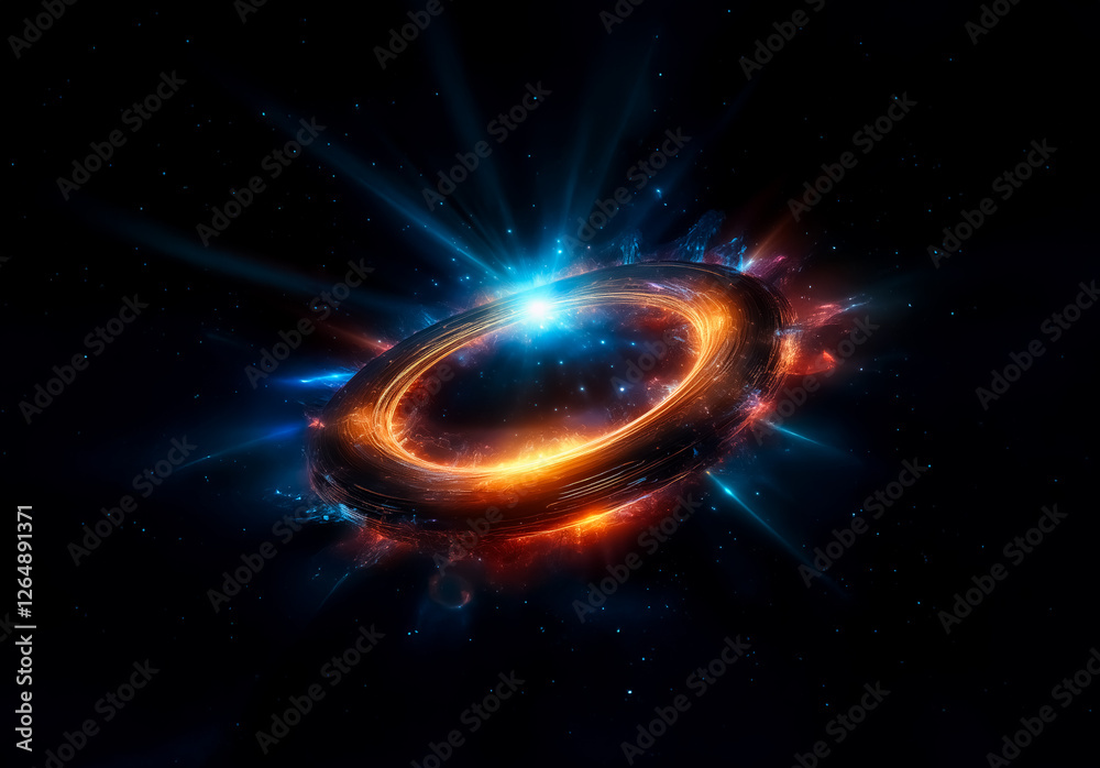 Fototapeta premium Glowing ring of cosmic energy with radiant blue and orange light bursts against a dark backdrop. Abstract, vibrant and visually striking.