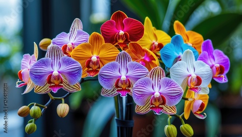Colorful array of hybrid orchids in a close-up view with lush green leaves in the background and ample Copy Space for text placement