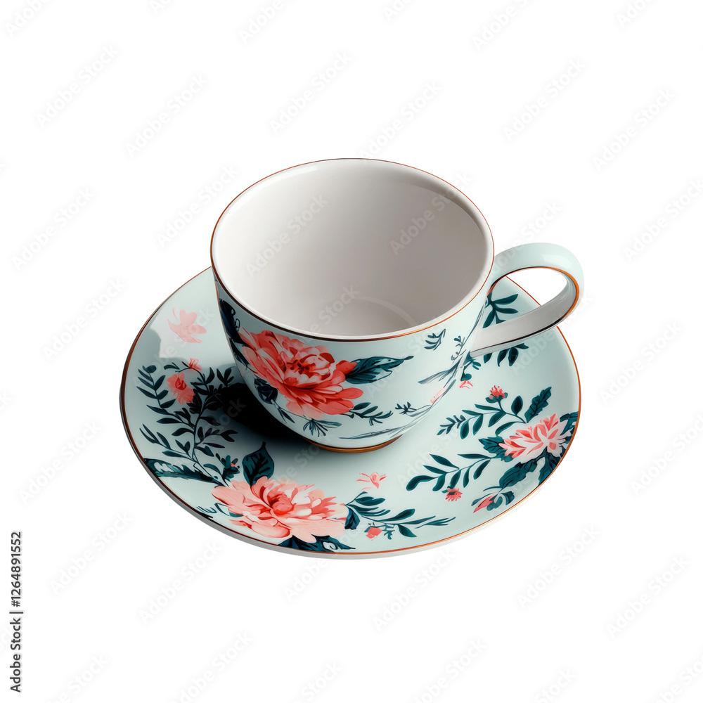 a traditional teacup with a matching saucer, decorated with floral patterns, isolated on a white background a traditional teacup with a matching saucer, decorated with floral patterns, isolated on a white background