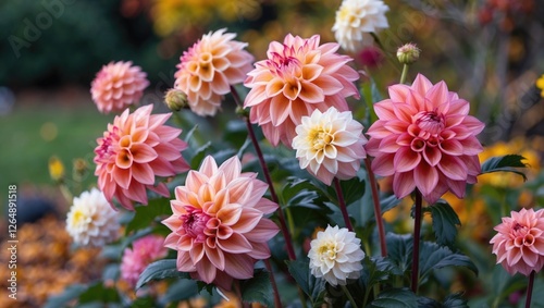 Dahlia flowers in vibrant colors blooming in a garden setting with blurred background natural light and copy space for text