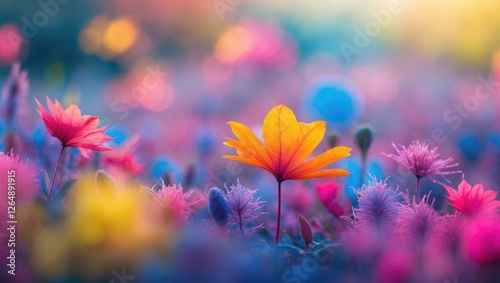 Colorful flower field with vibrant blossoms in various shades of pink, purple, yellow, and orange, soft bokeh background, Copy Space.
