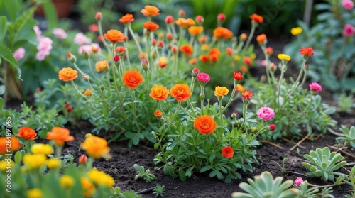 Colorful flowering plants in a garden setting with orange and pink blossoms on green foliage and soil background Copy Space